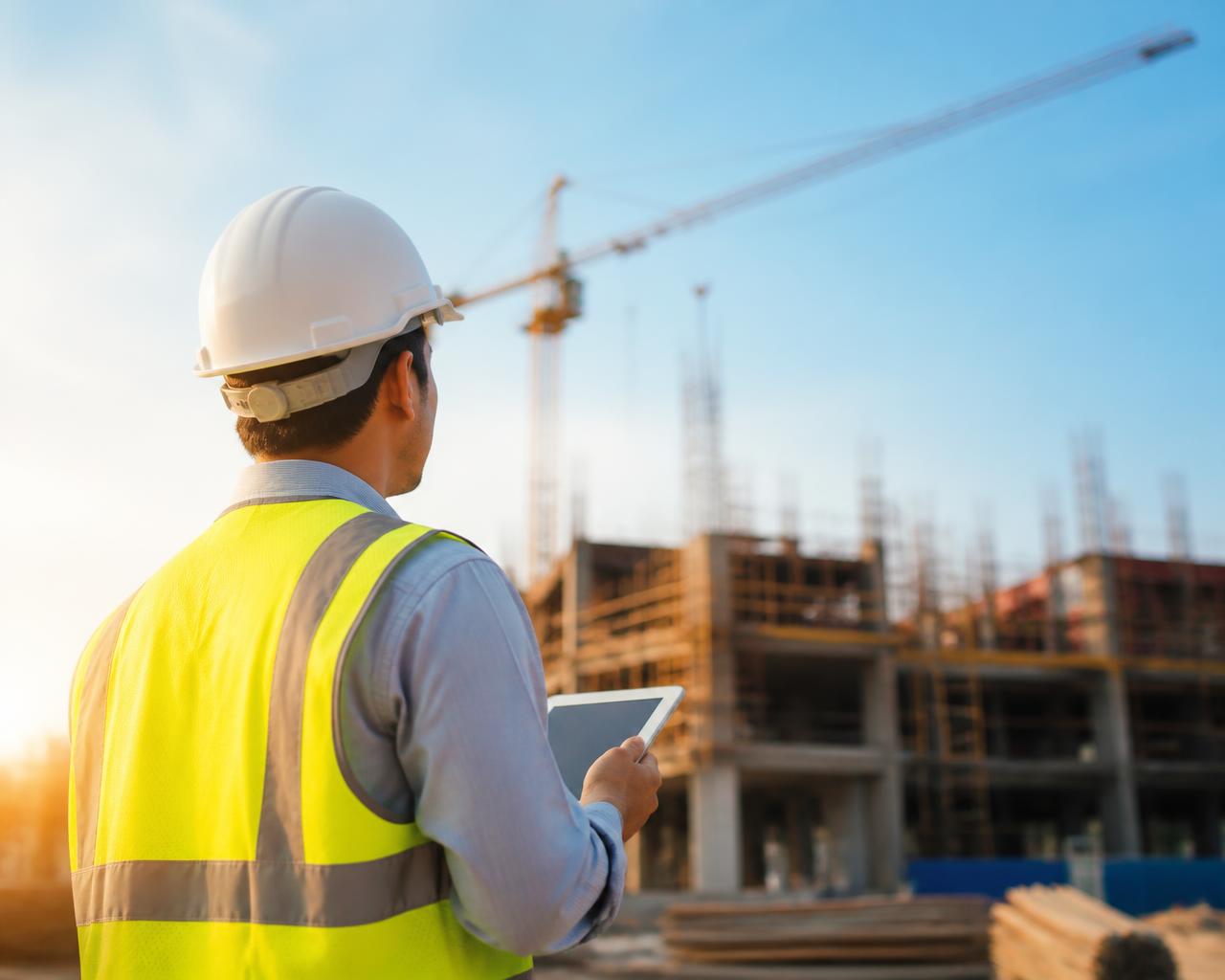 Supervisor en obra revisando la plataforma WorkPlus PR desde una tablet